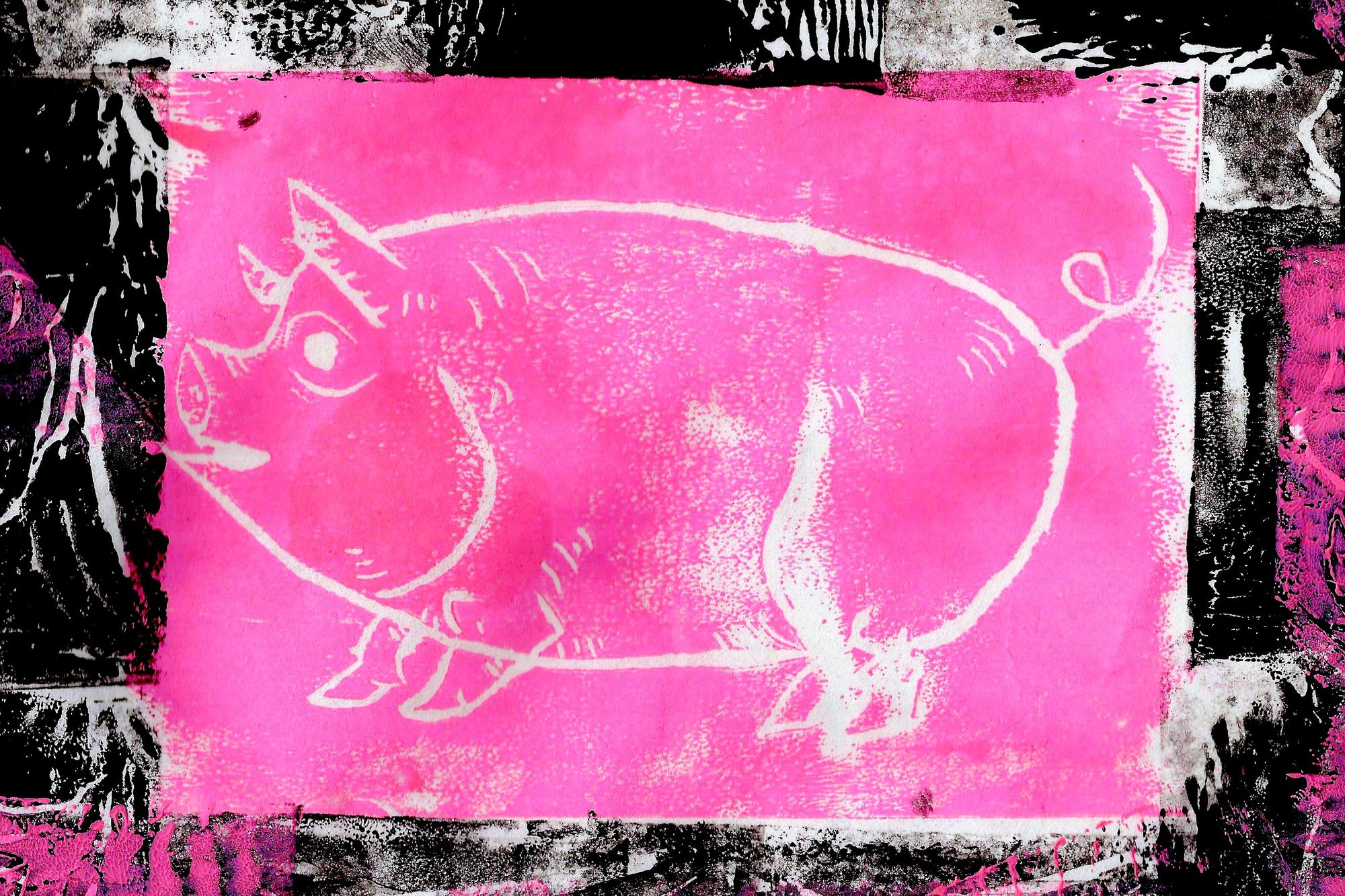A block-printed image of a pig with pink ink and a black border with hash marks in the design.