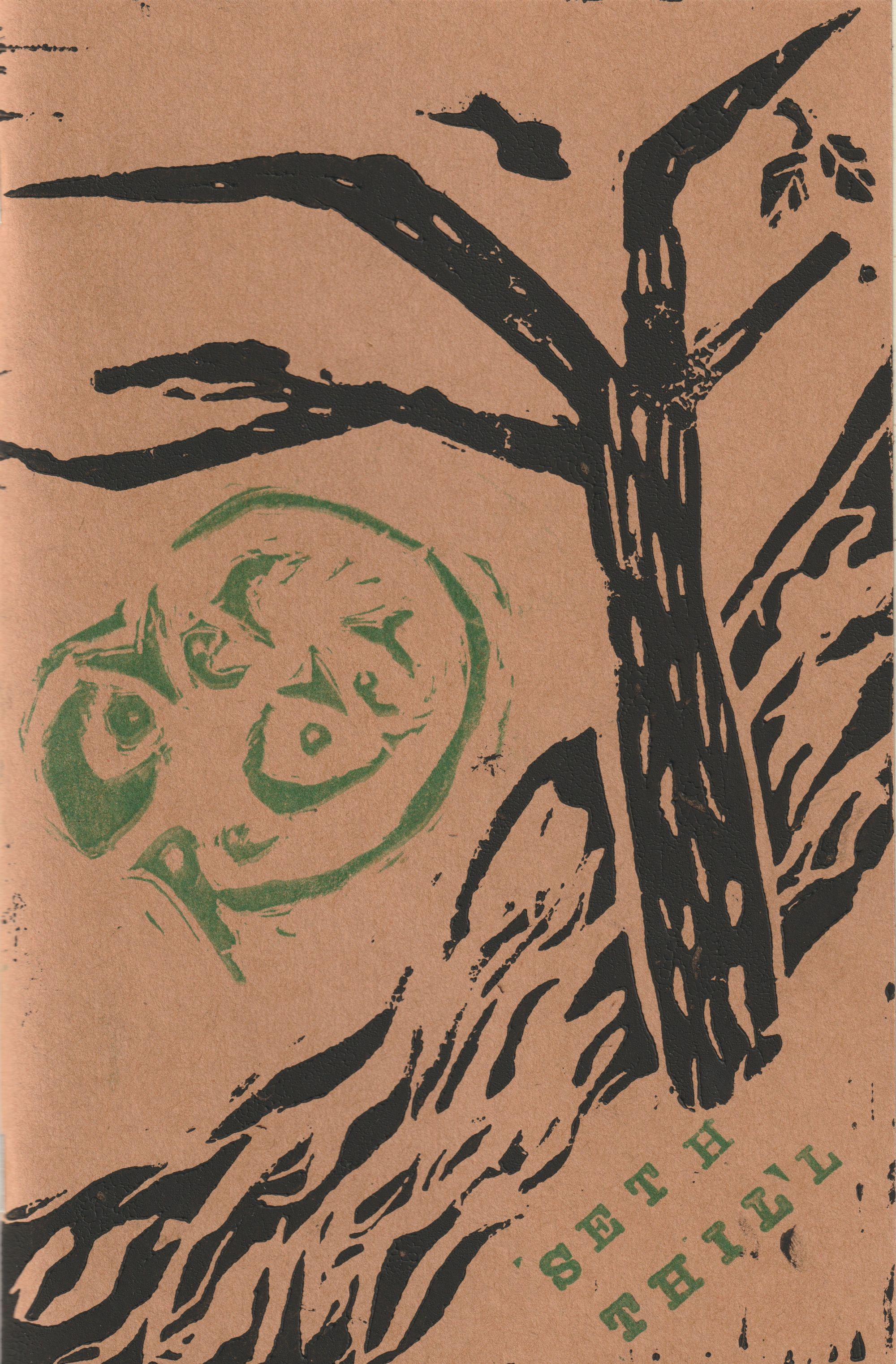 The cover of the chapbook, Cover, Recover by Seth Thill. Linocut print on cardboard brown background.Black tree sits in foreground while riverflows past it, also in black. Silhouette of bird above tree.  