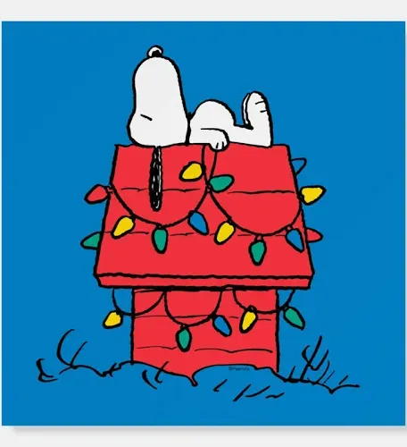 Snoopy laying on top of his red dog house, decorated with colorful string lights. Against a night sky blue background.