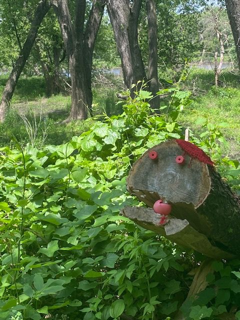 Dead tree trunk propped up with a plastic red ball in a crack in the wood, two plastic bit that look like eyes at the top.